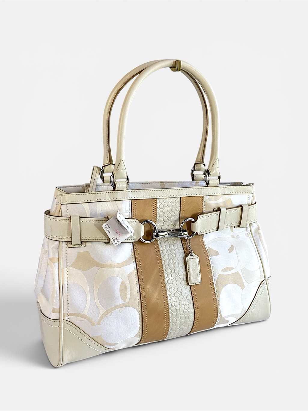 Coach Nwt Hampton Optic Signature Striped Carryall White Cream